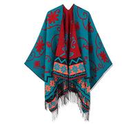 HIKARO Women's Retro Style Poncho Cape Boho Shawl Wraps Ruana Printed Tassel Cardigan for Spring Fall Winter