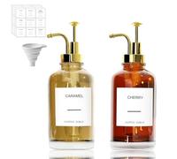 HIKENRI 2Pcs Coffee Syrup Dispenser,500ml Syrup Dispenser,Glass Syrup Bottle with Elegant Pumps and 36 Labels and Funnel & Pump,Syrup Pump Dispenser Honey Dispenser,Coffee Syrup Pump,Coffee Bar (Gold)