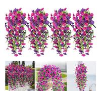 HIKENRI 4PCS Artificial Hanging Flowers Outdoor,Artificial Hanging Plant Morning Glory,UV-Resistant Realistic Trailing Fake Hanging Plants For Home Decoration,Garden,Porch,Wedding,Indoor(Purple Rose)