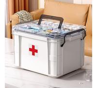 HIKENRI Household Medicine Storage Box Organiser,First Aid Box,Double Layers Multi Grid Medicine Box,Portable with Lid Medication Storage Box Medicine Cabinet for Home(White-L)