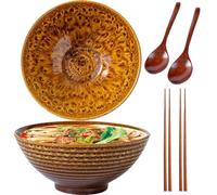 HIKENRI Ramen Bowl Set of 2 * 1200ml,Noodle Bowls with Ramen Spoons,Chopsticks,Ceramic Bowls for Pasta,Snack,Soup,Large Salad Bowl,Cereal Food (Gold)