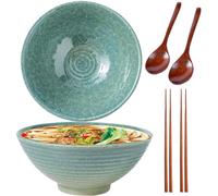 HIKENRI Ramen Bowl Set of 2 * 1200ml,Noodle Bowls with Ramen Spoons,Chopsticks,Ceramic Bowls for Pasta,Snack,Soup,Large Salad Bowl,Cereal Food (Crackle Green)