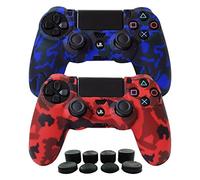 Hikfly Silicone Gel Controller Cover Skin Protector Compatible for Sony Playstation 4 PS4/PS4 Slim/PS4 Pro Controller (2X Controller Camouflage Cover with 8 x FPS Pro Thumb Grip Caps)(Red,Blue)