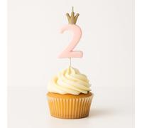 HIKIhooray Number Candle 2 Pink with Sparkling Crown - 9.5cm - Cake Candle for 2nd Birthday & Anniversary Pastel Pink Cake Decoration Candle