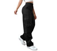 Hiking Trousers Women Petite, Women's Cargo Trousers Elastic Waist Work Cotton Stretch Parachute Pants for Hiking Walking Gym Combat Streetwear Black Work Trousers Women Plus Size M