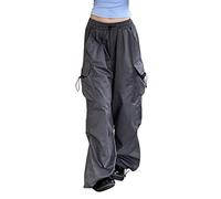 Hiking Trousers Women Summer, Women's Cargo Trousers Hiking Walking Work Lightweight Combat Cotton Parachute Pants Wide Leg Elasticated Waist Khaki Dark Gary Work Trouser Elasticated Waist L