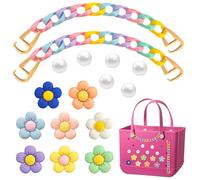 Hikkcos 16Pcs Charms for Bogg Bag Accessories - Adorable Pastel Rainbow Chains with Pearl Flowers, Detachable Clips for Rubber Tote Beach Bags, Girls Summer Tote Styling
