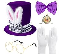 Hikkcos 4PCS Easter White Rabbit Costume Set Easter Bunny Top Hat Rabbits Ears Topper Plush Hat Rabbit Black Costume Top Hat Mad Hatter Costume Bunny Dress Up for Easter Halloween