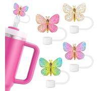 Hikkcos 4Pcs Glitter Silicone Butterfly Straw Covers Cap for Stanley Cup, 10mm Reusable Straw Topper for Stanley Tumblers Accessories (ButterflyB)