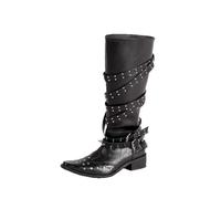 HIKKWXVN Gothic Studded Pointed Toe Mid-Calf Boots for Women, Low Heel Riding Boots for Concert Outfits, Nightclub, Festival Outfits,Black,4.5 UK