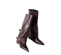 HIKKWXVN Pointed Toe Knee-High Boots for Petite Women Size 5-8, Low Block Heel Narrow Calf Design, for Club Nights, Travel, Festival Outfits,Brown,2.5 UK