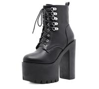 HIKKWXVN Women's 15CM/6IN High Heel Ankle Boots, Fashion Lace-up Lug Sole Faux Leather Combat Booties, Gothic Punk Platform Boots,Black,38