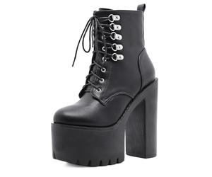 HIKKWXVN Women's 15CM/6IN High Heel Ankle Boots, Fashion Lace-up Lug Sole Faux Leather Combat Booties, Gothic Punk Platform Boots