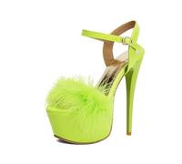 HIKKWXVN Women's 16cm Stiletto Heel Platform Sandals - Feather Decor Patent Leather Open Toe Ankle Strap Heels for Stage Performance,Yellow,3 UK