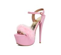 HIKKWXVN Women's 16cm Stiletto Heel Platform Sandals - Feather Decor Patent Leather Open Toe Ankle Strap Heels for Stage Performance,Pink,6 UK