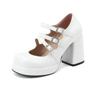 HIKKWXVN Women's Ankle Strap Mary Jane Pumps -Bridesmaid White Platform Heels for Wedding Guest Prom Night,White,4 UK