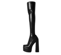 HIKKWXVN Women's GoGo Boots Square Toe Chunky Heel Thigh High Boots, Stretch PU Leather Over The Knee Boots, Winter Tall Boots Shoes,Black,34