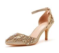 HIKKWXVN Women's Kitten Heels Closed Pointed Toe Backless Dress Pumps Shoes, for Party, Dating, Wedding, Shopping, Formal Pumps,Gold,39