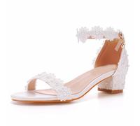 HIKKWXVN Women's Low Heels Block Heels Open Toe Ankle Strap Classic Short Chunky Sandals, for Daily Work Wedding Party,White,39