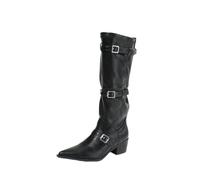 HIKKWXVN Women's Pointed Toe Wide Shaft Stacked Western Boots, Chunky Block Heel Mid-Calf Boots for Commute, Travel, Festival Outfits,Black,6 UK