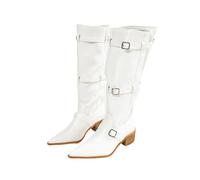 HIKKWXVN Women's Pointed Toe Wide Shaft Stacked Western Boots, Chunky Block Heel Mid-Calf Boots for Commute, Travel, Festival Outfits,White,2.5 UK