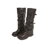 HIKKWXVN Women's Side Zipper Chunky Heel Mid-Calf Boots, Distressed Leather Motorcycle Boots for Club Nights, Travel, Festival Outfits,Brown,3 UK