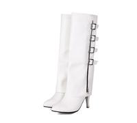 HIKKWXVN Women's Wide Calf Knee High Boots, Pointed Toe Zipper Stiletto Heels Pant Leg Boots, Fashion Fall Winter Mid Calf Boots,White,39