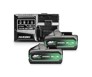 HiKOKI Battery Set UC18YSL3WJZ, 2 x Multi Volt BSL36B18X Battery Pack | Fast charger with 8 A, 4.0 Ah at 36 V or 8.0 Ah at 18 V, USB port, cooling system, 4 LED charging indicator