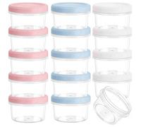 Hikrxya 15 Pack 200ml 7OZ Small Reusable Plastic Food Container with Lids, Deli Containers Stackable Clear Food Storage Jars, Dishwasher & Microwave & Freezer Safe (White/Blue/Pink)