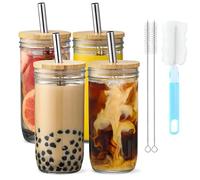 Hikrxya 4 Pack Drinking Glasses Cups with Bamboo Lids & Straw - 710ml/24oz Can Shaped Glass Cups Set - Iced Coffee Cup Beer Glasses Tumbler for Cold Drinks Cocktail Coffee Juice Soda