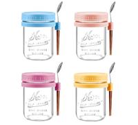 Hikrxya 4 Pack Overnight Oats Containers with Lids and Spoons, 16oz/480ml Glass Overnight Oats Jars Breakfast Pots Meal Prep Jar Leak Proof Oatmeal Container for Yogurt Milk Cereal Fruit Salad