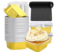 Hikrxya 60 Pack Mini Cake Baking Cups with Lids and Spoons - 150ml Reusable Aluminum Square Baking Cups - Mini Loaf Pans for Dessert Bread Wedding Picnic Birthday Party - Gold