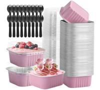 Hikrxya 60 Pack Mini Cake Baking Cups with Lids and Spoons - 150ml Reusable Aluminum Square Baking Cups - Mini Loaf Pans for Dessert Bread Wedding Picnic Birthday Party - Pink
