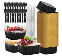 Hikrxya 60 Pack Mini Cake Baking Cups with Lids and Spoons - 150ml Reusable Aluminum Square Baking Cups - Mini Loaf Pans for Dessert Bread Wedding Picnic Birthday Party - Black Gold