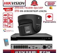 Hikvision 16POE 16CH NVR Systems ColorVu Panoramic Turret 8MP 4K IP Camera Black
