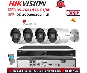 Hikvision DS-7604NXI-K1/4P 4CH NVR Set Acusense 8MP 4K IP Camera DS-2CD2083G2-IU