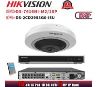 Hikvision DS-7616NI-M2/16P 8K 16CH NVR Fisheye DS-2CD2955G0-ISU 5MP POE Camera