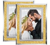 HIKWADERY 4x6 Picture Frames Gold - Set of 2, Sparkle Real Glass Photo Frame 4 by 6 with Silver Mirrored Edge, for Tabletop Display, Wedding Birthday Mothers Day Gifts (4 x 6, Glitter Gold)
