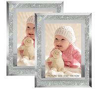 HIKWADERY 4x6 Picture Frames Silver - Set of 2, Sparkle Real Glass 4 by 6 Photo Frame Mirrored Edge Great Gift, for Tabletop Display, Wedding Birthday Mothers Day Gifts (4 x 6, Glitter Silver)