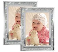 HIKWADERY 5x7 Picture Frames Silver - Set of 2, Sparkle Real Glass 5 by 7 Photo Frame Mirrored Edge Great Gift, for Tabletop Display, Wedding Birthday Mothers Day Gifts (5 x 7, Glitter Silver)