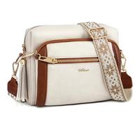 HILAEX Women's Crossbody Bag Leather Shoulder Handbags with Wide Strap Small Anti-thief Purse, Beige & Brown
