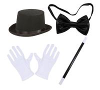 Hilai 4Pcs/Set Magician Costume Halloween Magician Kit with High Hat, Wand, Gloves and Bow Tie Costume Adult for Parties, Cosplay & Themed Events