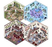 Hilai fidget toys for kids, DIY 3D House Stickers 4 Sets Cute Fun 3D Stickers Isometric Room Sticker Scene Loft, Coffee Shop, Bookstore, Sushi Spinnery Sticker for Adults Relief Stress Pass the Time