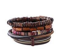 Hilai Unisex Mixed Bracelets Adjustable Handmade Multi Strand Braided Cowhide Bracelets Woven Leather Wristbands Wooden Beads Bracelet Wrist(1set of 5 pcs)