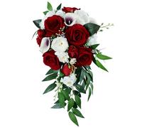 Hilai Wedding Bouquets for Bride, White Wine Red Calla Lily and Rose Wedding Bouquet, Artificial Rustic Waterfall Cascading Bouquet for Ceremony