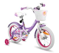HILAND 16 Inch Girls Bike with Basket, Front Hand Brake & Rear Coaster Brake, Kids Bike for Girls, High-Carbon Steel Frame Kids Bicycle with Stabilisers and Mudguards, Purple