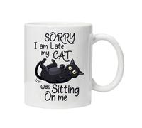 Hilarious Cats Mug Sarcastic Slogan Tea Coffee Ceramic Mugs Cup Gift Idea Black Cat Tabby Funny Cute Boxed (Sorry I'm Late My Cat was Sitting on me)