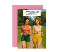 Hilarious Friendship Greeting Card for Her - Can’t Trust My Farts Yoga Joke - Laughs for Friend, Sister, Work Colleague, Bestie, BFF, Women, Yogi - Jogging and Working Out- Comes with Stickers