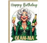 Hilarious Glam Grandma Champagne Birthday Cards - Personalised Own Name Glam-Ma Prosecco Happy Birthday Cards for Fabulous Women Granny Nanny Nan or Mum! (Green Champagne)