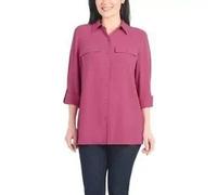 Hilary Radley Women's Roll Tab Sleeve Blouse, Button Down, Long Sleeve, Crinkle Top with Chest Pockets, Dark Pink, M